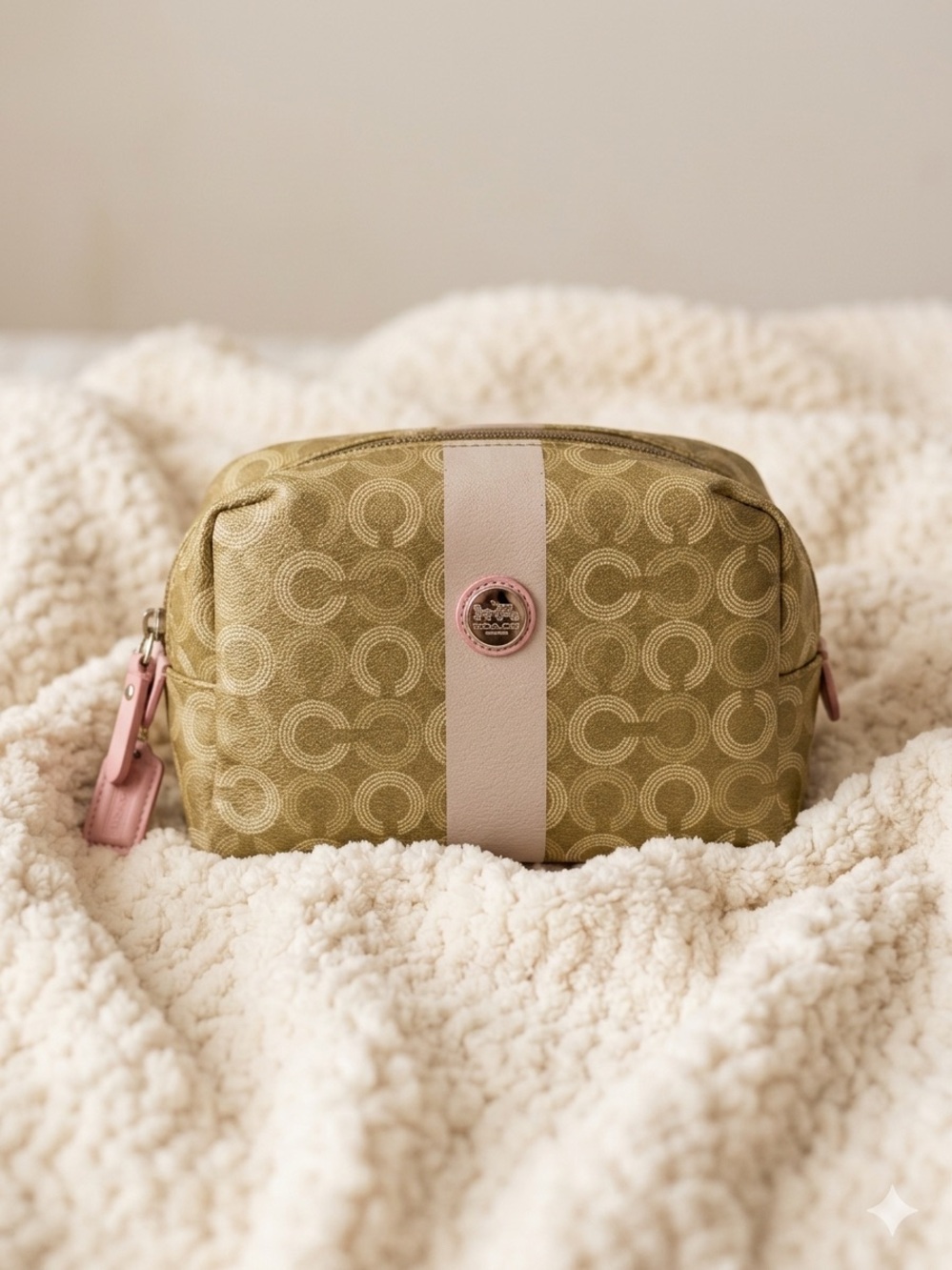 Coach Gold Signature Cosmetic Pouch with Pink Trim